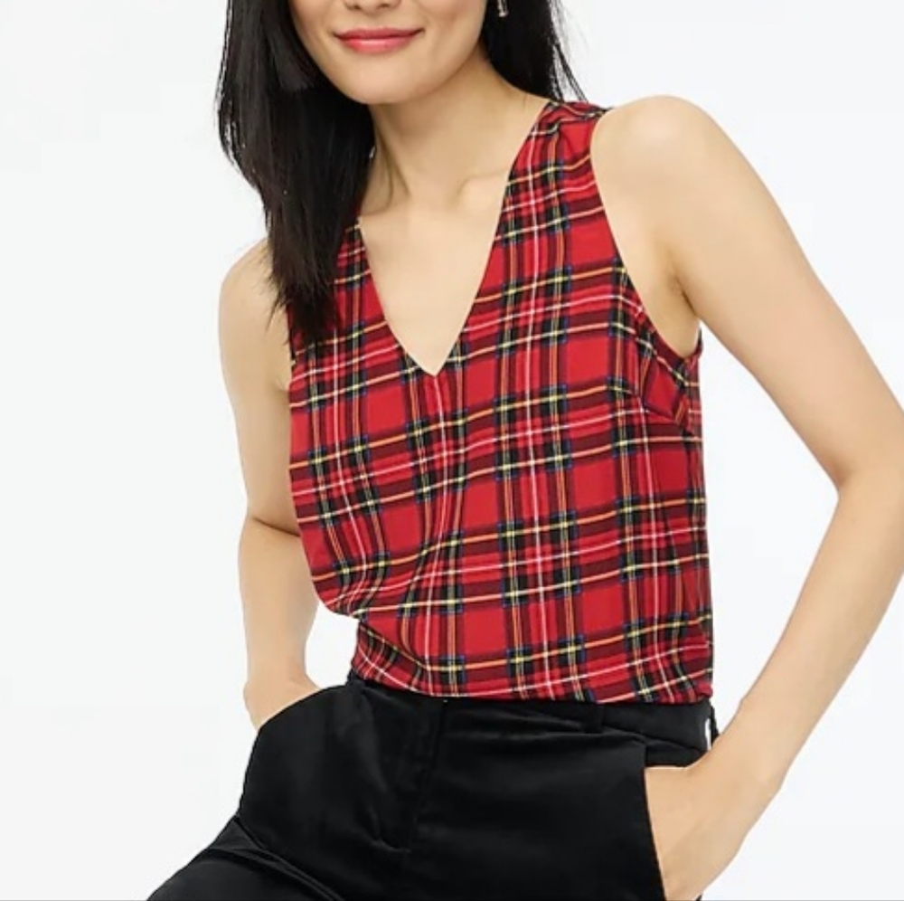J.Crew Plus Tartan Plaid V Neck Sleeveless Top, 3X, Red